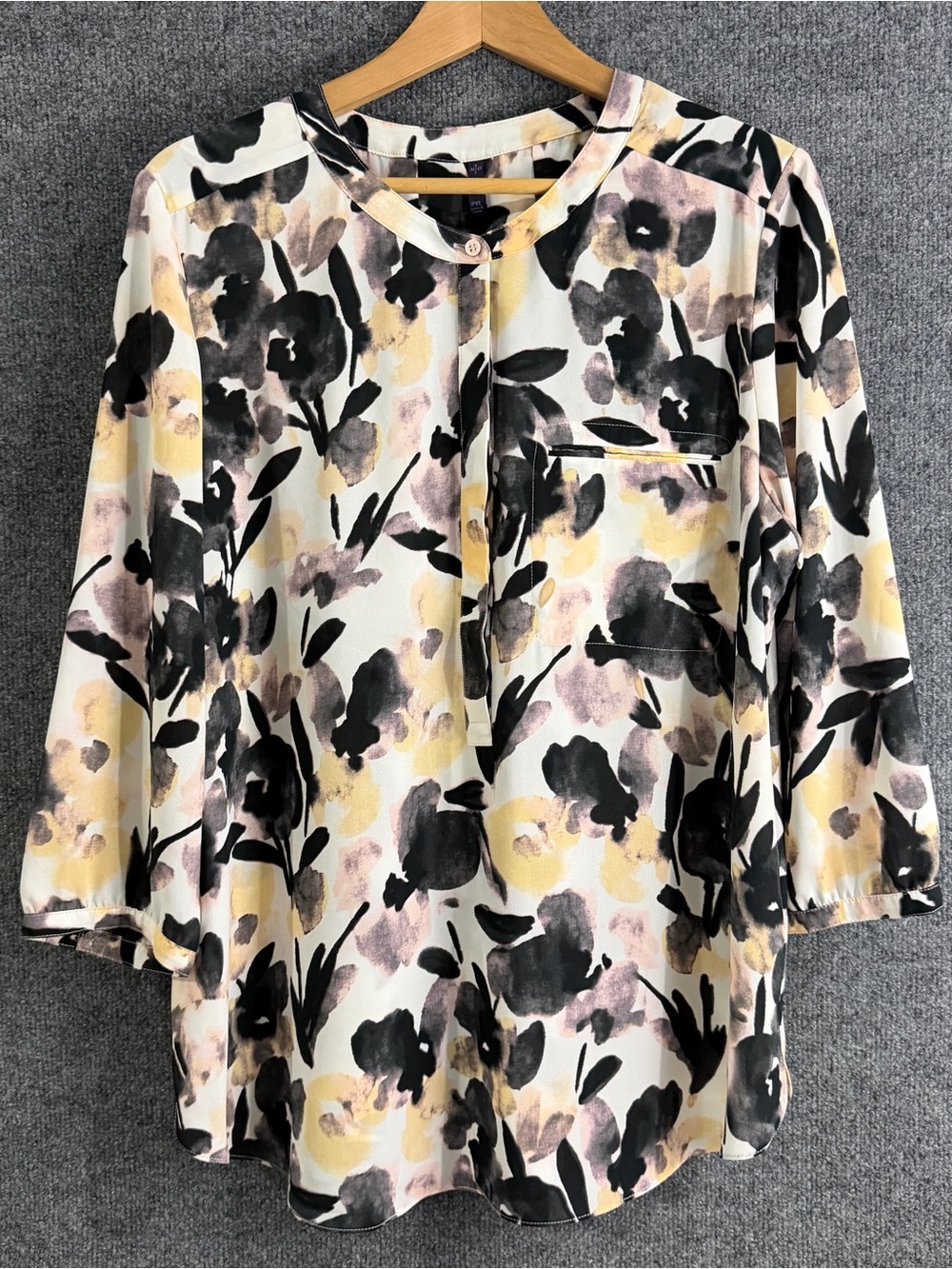 NYDJ Womens Floral Top Size XL Petite 3/4 Sleeve Yellow Pink Black Office Flowy